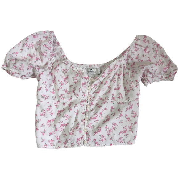 Hollister Tops - Hollister Floral Puff Sleeve Crop Top Women XS White Pink Smocked Back Coquette